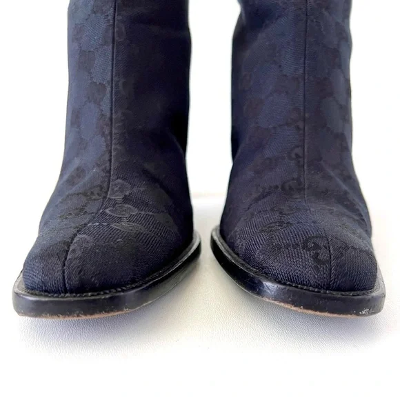 GUCCI || Vintage Y2K GG Monogram Canvas Square Toe Block Heel Knee High Boots - Picture 6 of 16